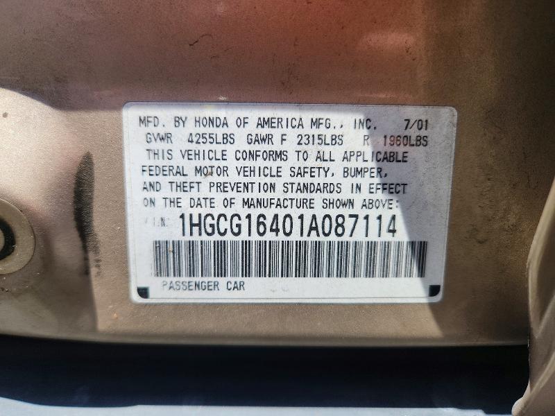 2001 Honda Accord მანქანა იყიდება აუქციონზე, vin: 1HGCG16401A087114, აუქციონის ნომერი: 61979766