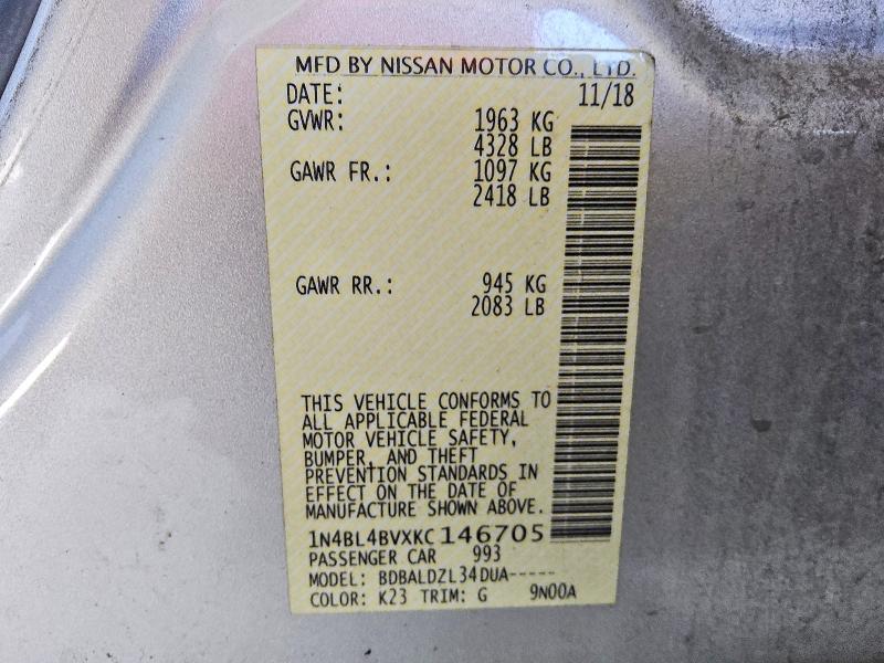 Продажа на аукционе авто 2019 Nissan Altima, vin: 1N4BL4BVXKC146705, номер лота: 62478846