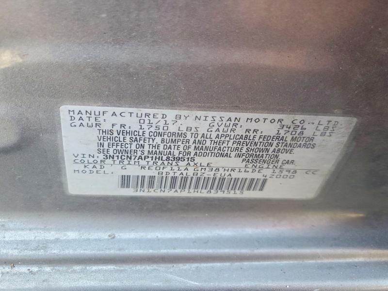 Aukcja sprzedaży 2017 Nissan Versa, vin: 3N1CN7AP1HL839515, numer aukcji: 62094996