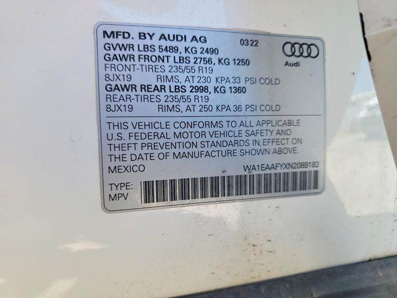 Aukcja sprzedaży 2022 Audi Q5, vin: WA1EAAFYXN2089183, numer aukcji: 62726056