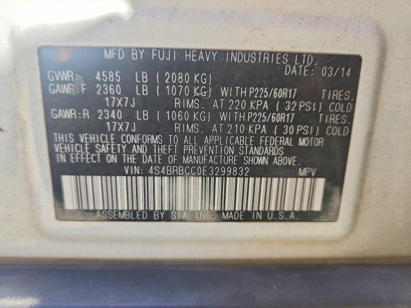 Продажа на аукционе авто 2014 Subaru Outback, vin: 4S4BRBCC0E3299832, номер лота: 58477286
