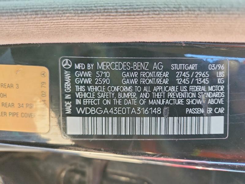 1996 Mercedes-benz S მანქანა იყიდება აუქციონზე, vin: WDBGA43E0TA316148, აუქციონის ნომერი: 62683436