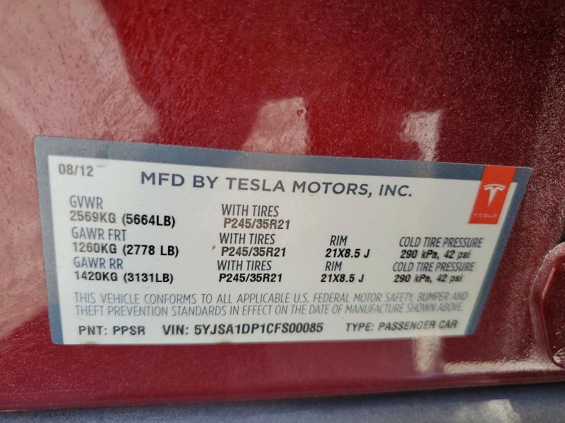 2012 Tesla Model S მანქანა იყიდება აუქციონზე, vin: 5YJSA1DP1CFS00085, აუქციონის ნომერი: 60855606
