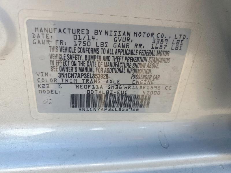 61984816 :رقم المزاد ، 3N1CN7AP3EL853928 vin ، 2014 Nissan Versa مزاد بيع