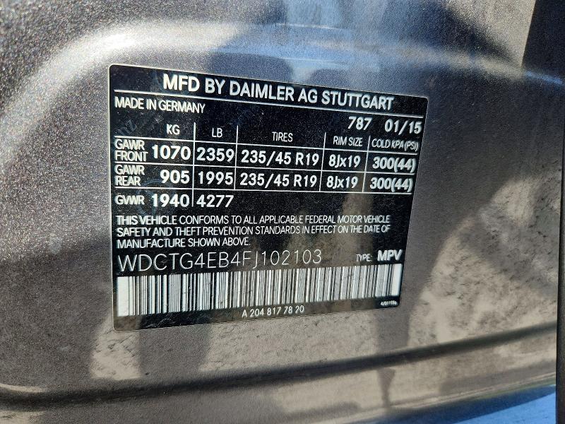 2015 Mercedes-benz Gla მანქანა იყიდება აუქციონზე, vin: WDCTG4EB4FJ102103, აუქციონის ნომერი: 58990306