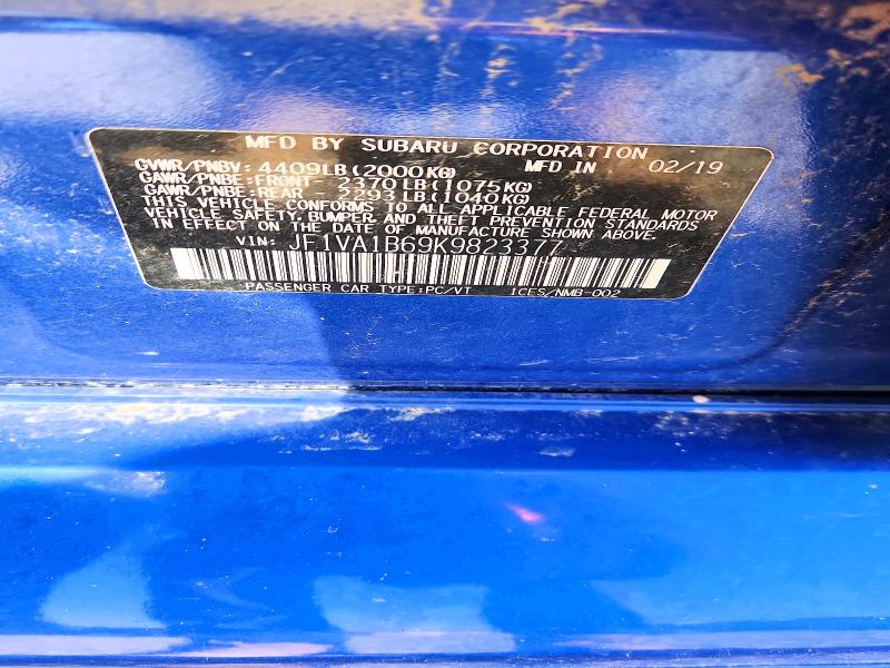 2019 Subaru Wrx მანქანა იყიდება აუქციონზე, vin: JF1VA1B69K9823377, აუქციონის ნომერი: 60784036