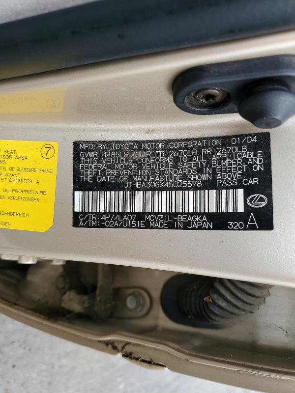 Aukcja sprzedaży 2004 Lexus Es, vin: JTHBA30GX45025578, numer aukcji: 60474896