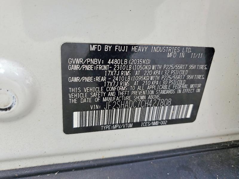 Aukcja sprzedaży 2012 Subaru Forester, vin: JF2SHADC7CH427808, numer aukcji: 61523466