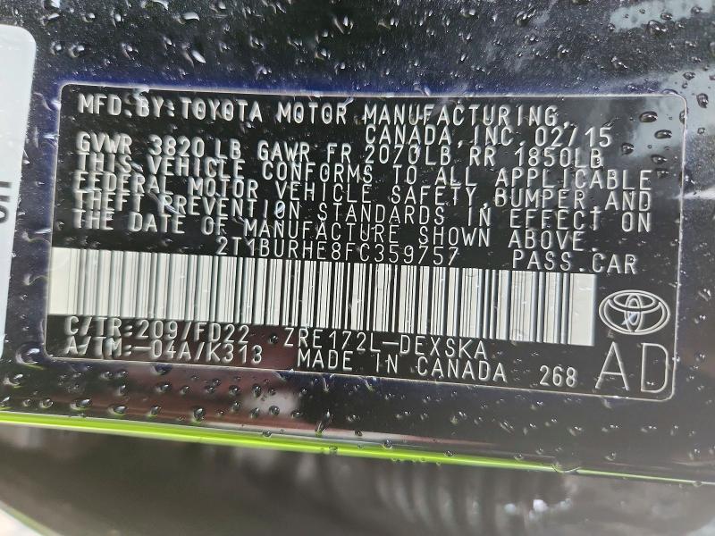 63141576 :رقم المزاد ، 2T1BURHE8FC359757 vin ، 2015 Toyota Corolla مزاد بيع