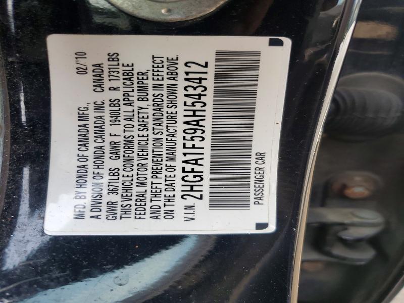 61535006 :رقم المزاد ، 2HGFA1F59AH543412 vin ، 2010 Honda Civic مزاد بيع
