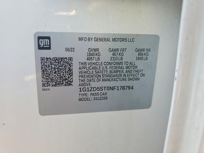 Aukcja sprzedaży 2022 Chevrolet Malibu, vin: 1G1ZD5ST0NF178794, numer aukcji: 60654176