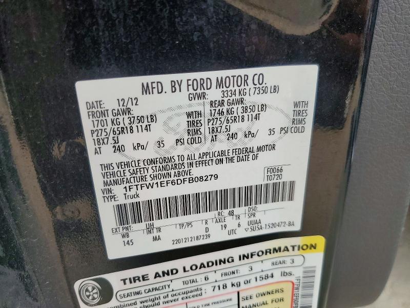 61296246 :رقم المزاد ، 1FTFW1EF6DFB08279 vin ، 2013 Ford F150 مزاد بيع