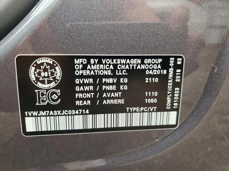 61223526 :رقم المزاد ، 1VWJM7A3XJC034714 vin ، 2018 Volkswagen Passat مزاد بيع