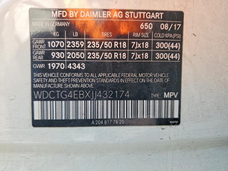 Aukcja sprzedaży 2018 Mercedes-benz Gla, vin: WDCTG4EBXJJ432174, numer aukcji: 62427286