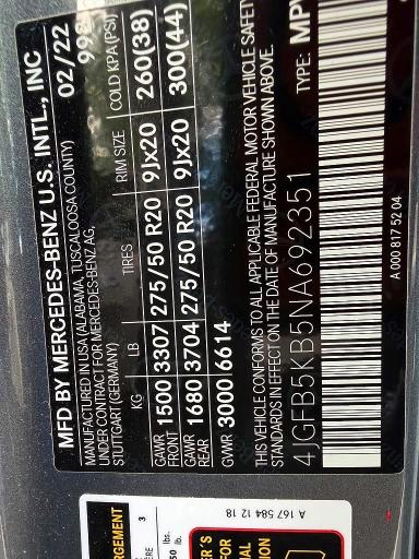 Aukcja sprzedaży 2022 Mercedes-benz Gle, vin: 4JGFB5KB5NA692351, numer aukcji: 60450696