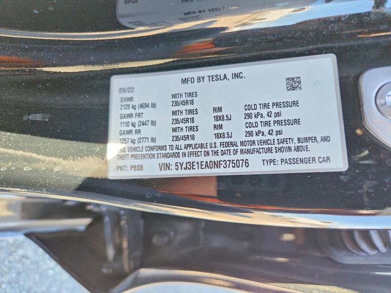 Aukcja sprzedaży 2022 Tesla Model 3, vin: 5YJ3E1EA0NF375076, numer aukcji: 60878006