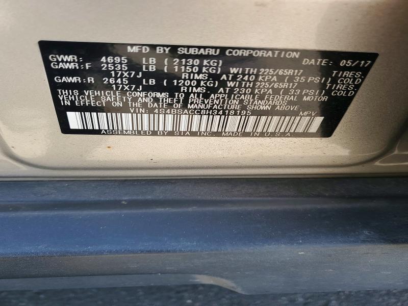 2017 Subaru Outback მანქანა იყიდება აუქციონზე, vin: 4S4BSACC8H3418195, აუქციონის ნომერი: 62232256