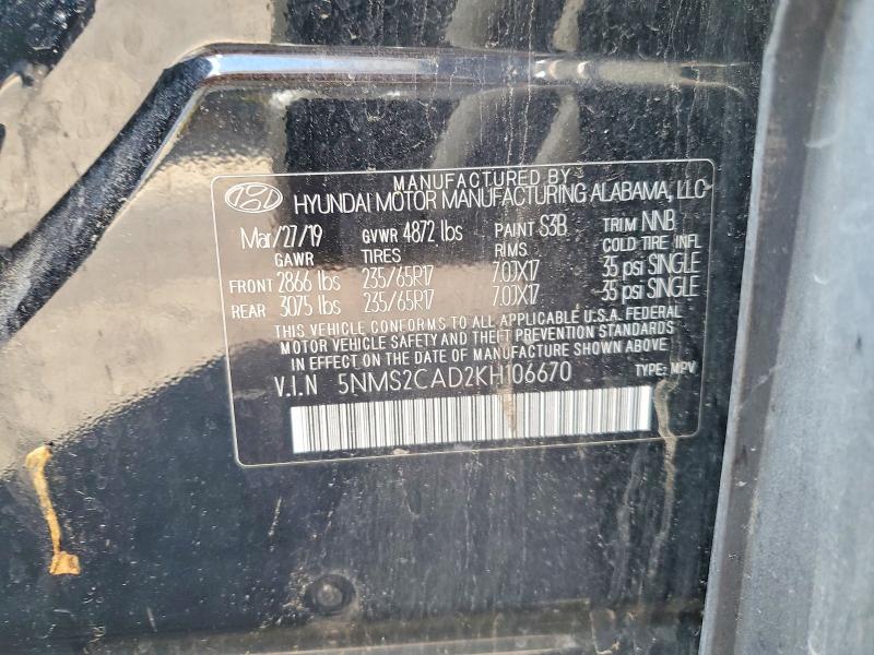 Aukcja sprzedaży 2019 Hyundai Santa Fe, vin: 5NMS2CAD2KH106670, numer aukcji: 62585176