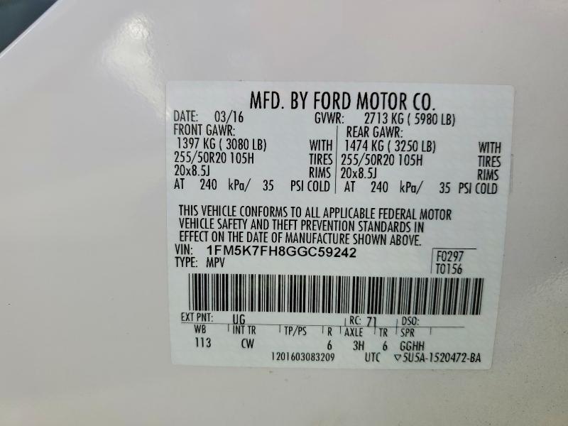 Продаж на аукціоні авто 2016 Ford Explorer, vin: 1FM5K7FH8GGC59242, номер лоту: 63101856