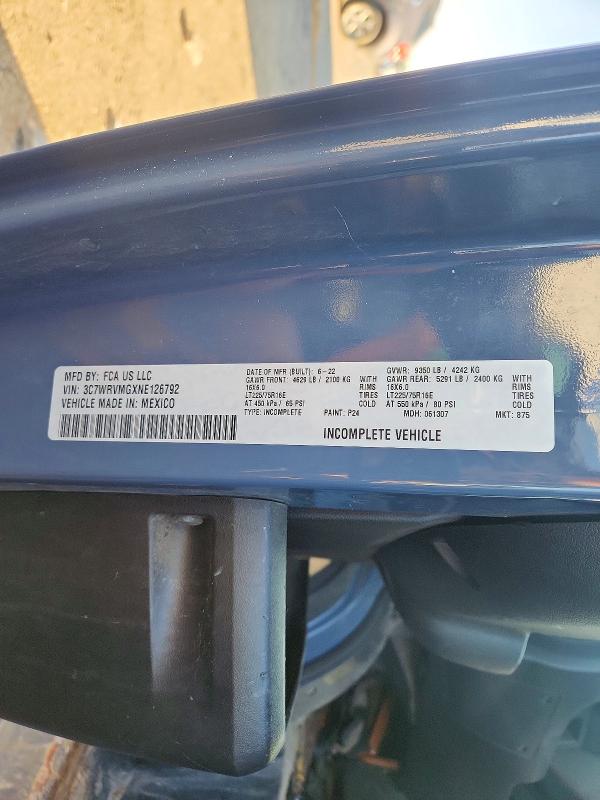 2022 Ram Promaster 3500 მანქანა იყიდება აუქციონზე, vin: 3C7WRVMGXNE126792, აუქციონის ნომერი: 58181596