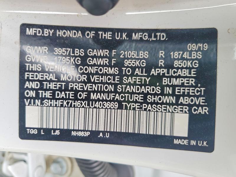 Aukcja sprzedaży 2020 Honda Civic, vin: SHHFK7H6XLU403669, numer aukcji: 60883086