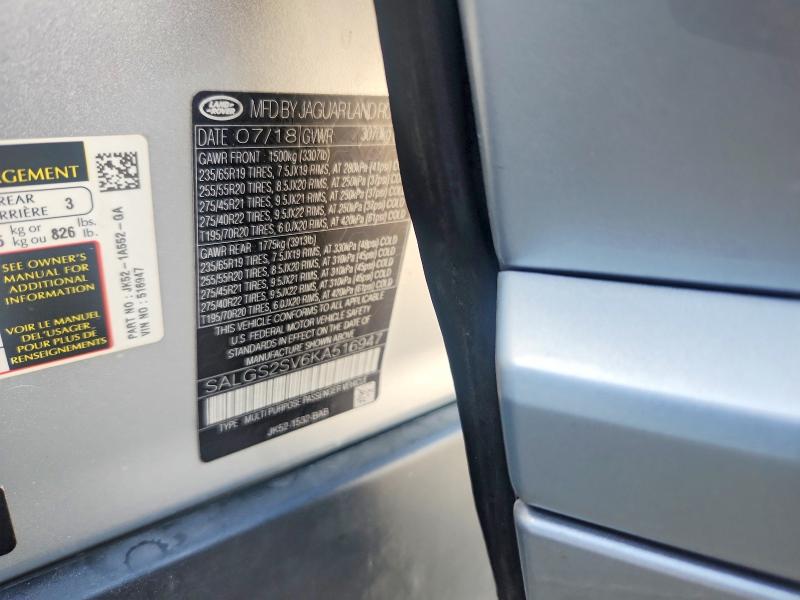 59855656 :رقم المزاد ، SALGS2SV6KA516947 vin ، 2019 Land Rover Range Rover مزاد بيع