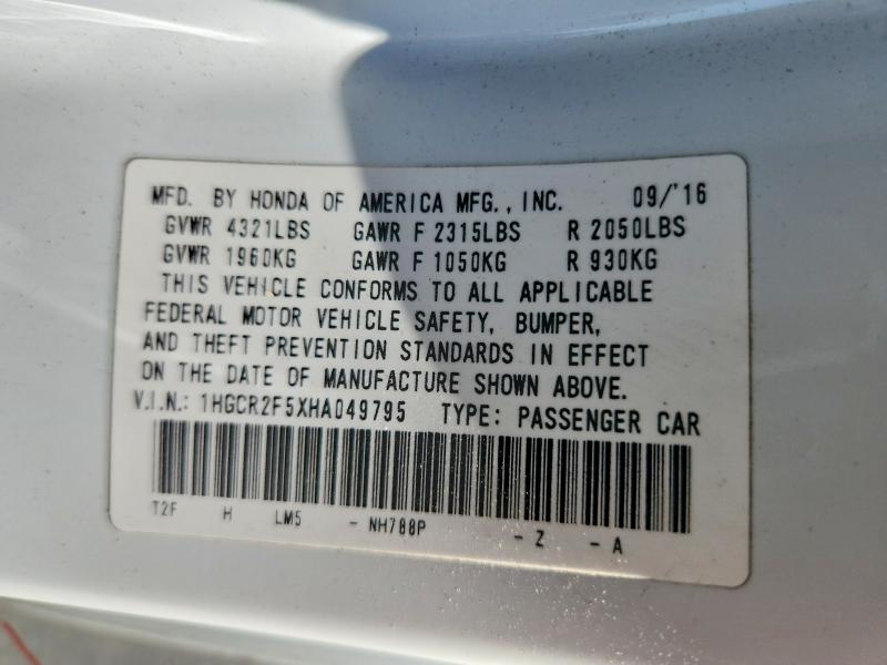 Aukcja sprzedaży 2017 Honda Accord, vin: 1HGCR2F5XHA049795, numer aukcji: 61960926