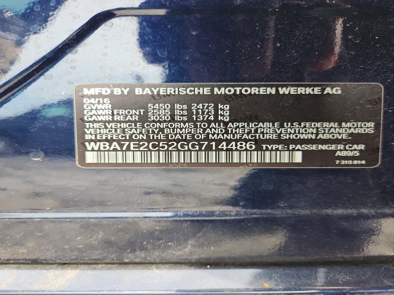 Aukcja sprzedaży 2016 Bmw 740, vin: WBA7E2C52GG714486, numer aukcji: 61881856
