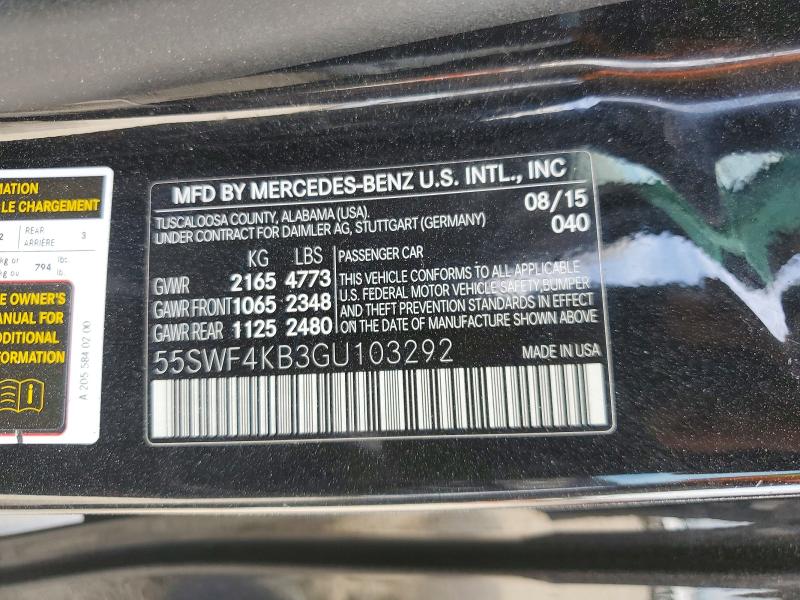 60000536 :رقم المزاد ، 55SWF4KB3GU103292 vin ، 2016 Mercedes-benz C مزاد بيع