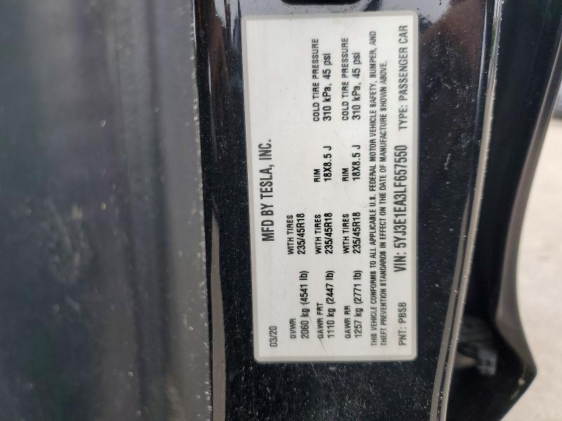2020 Tesla Model 3 მანქანა იყიდება აუქციონზე, vin: 5YJ3E1EA3LF657550, აუქციონის ნომერი: 60617686