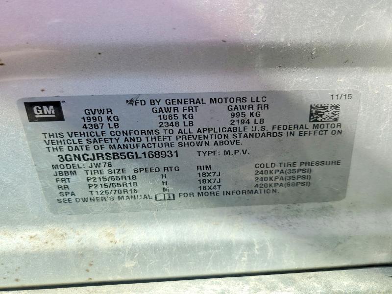 Aukcja sprzedaży 2016 Chevrolet Trax, vin: 3GNCJRSB5GL168931, numer aukcji: 61533916
