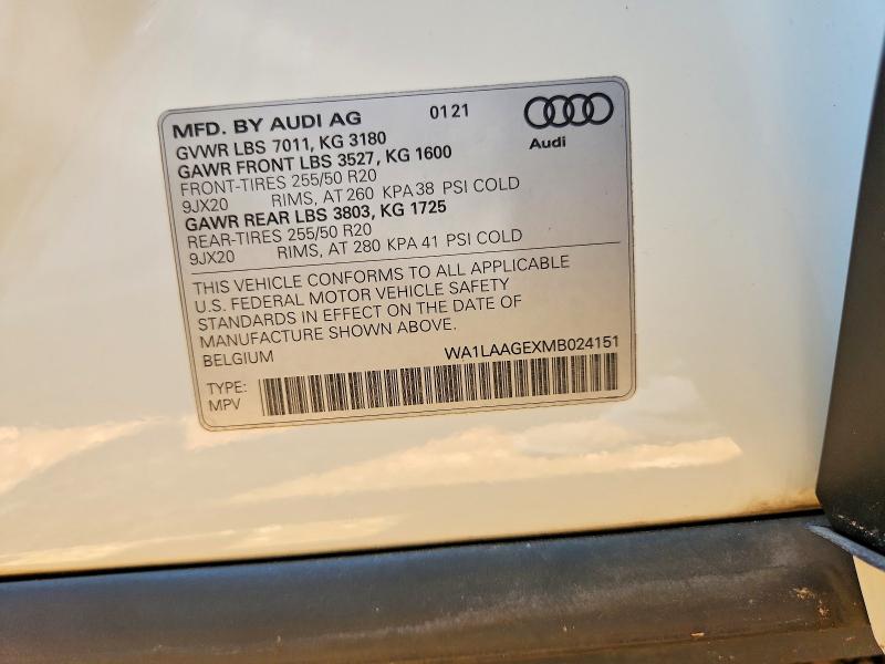 Продаж на аукціоні авто 2021 Audi E-tron, vin: WA1LAAGEXMB024151, номер лоту: 61398726