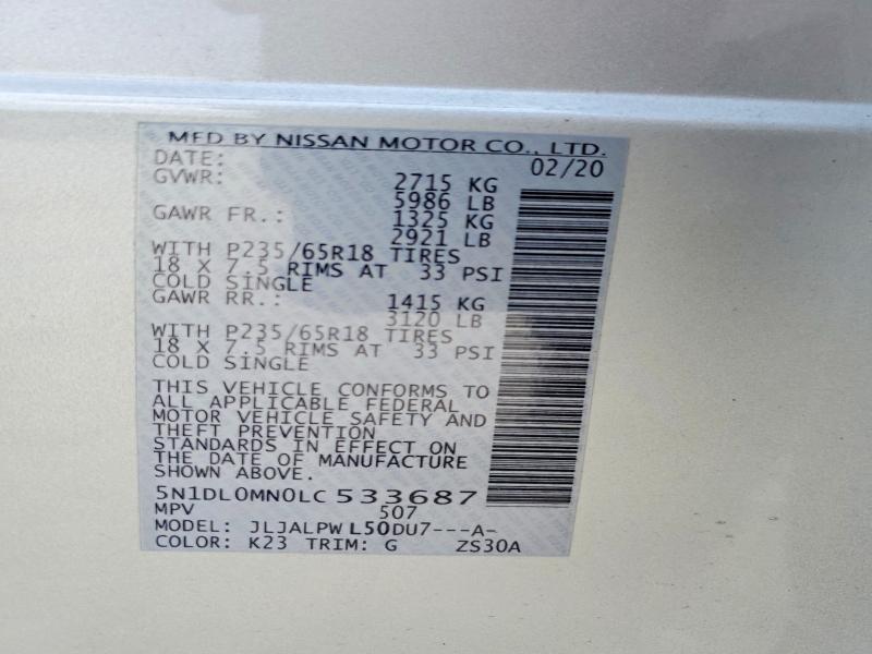 Продаж на аукціоні авто 2020 Infiniti Qx60, vin: 5N1DL0MN0LC533687, номер лоту: 59951956