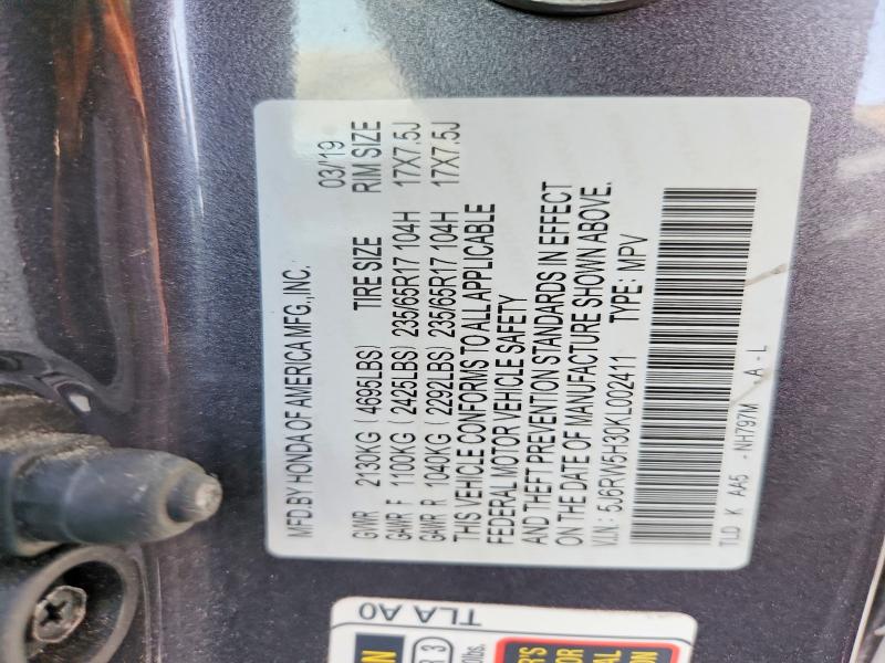 62613146 :رقم المزاد ، 5J6RW5H30KL002411 vin ، 2019 Honda Cr-v مزاد بيع
