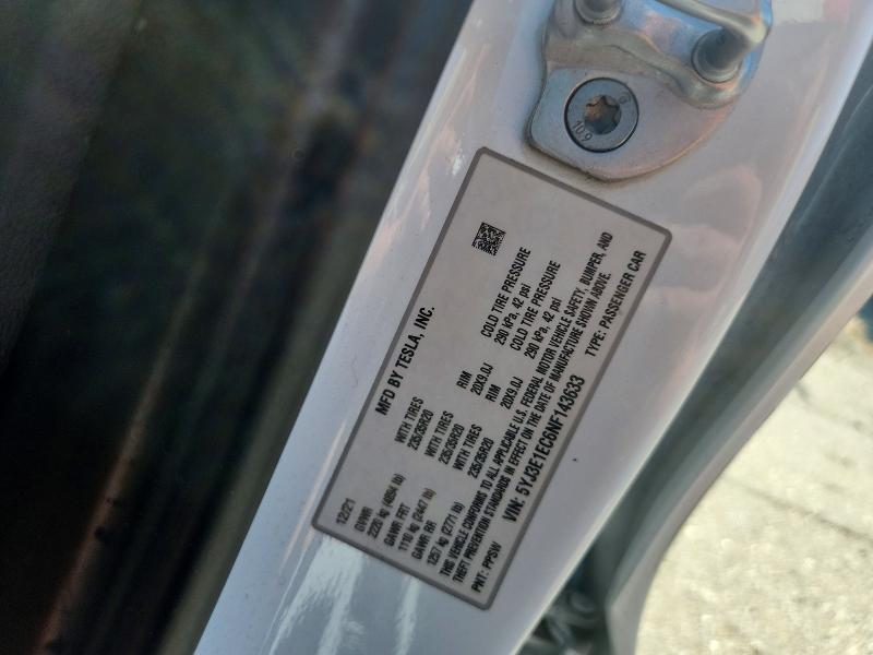 2022 Tesla Model 3 მანქანა იყიდება აუქციონზე, vin: 5YJ3E1EC6NF143633, აუქციონის ნომერი: 59200906
