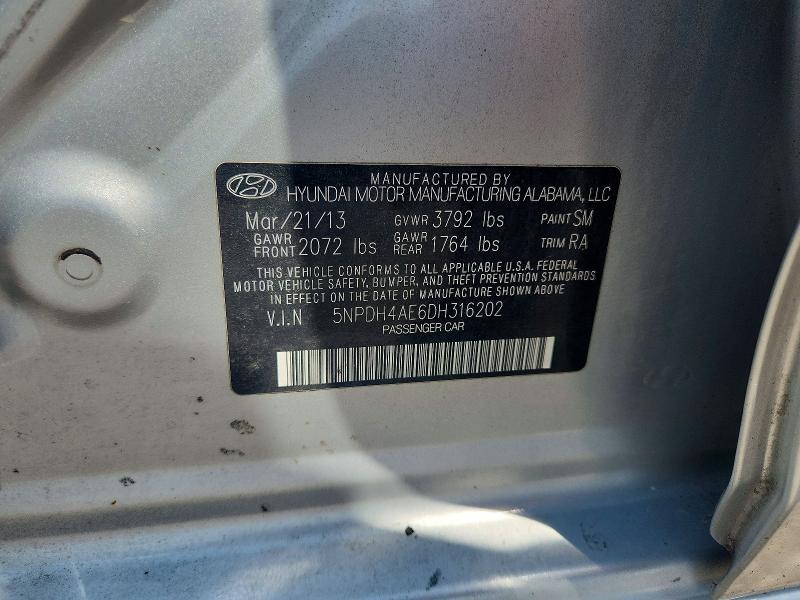 63148176 :رقم المزاد ، 5NPDH4AE6DH316202 vin ، 2013 Hyundai Elantra مزاد بيع