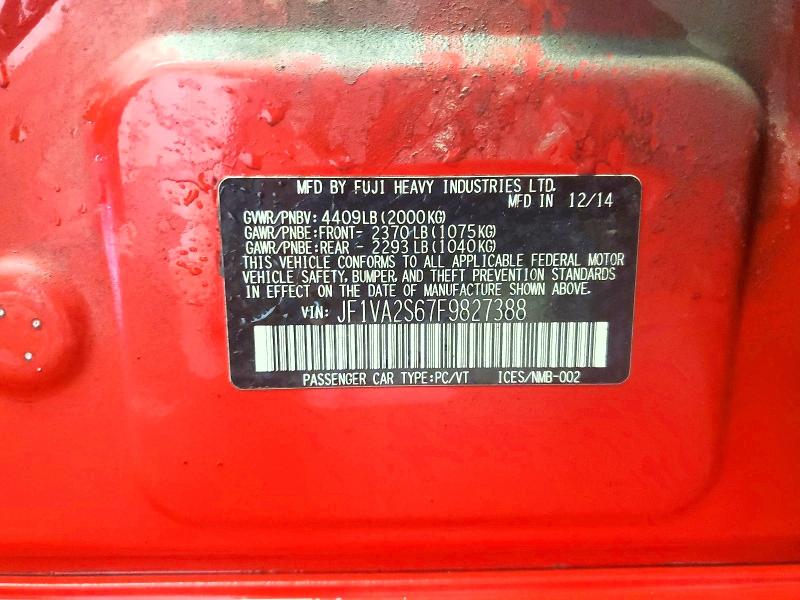 2015 Subaru Wrx მანქანა იყიდება აუქციონზე, vin: JF1VA2S67F9827388, აუქციონის ნომერი: 58395556