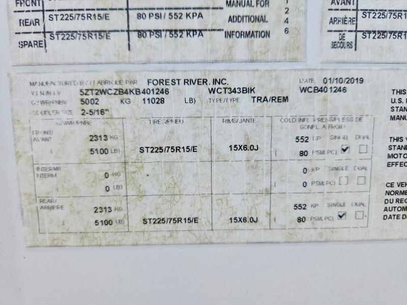 60927326 :رقم المزاد ، 5ZT2WCZB4KB401246 vin ، 2019 Forest River Wild343bik مزاد بيع