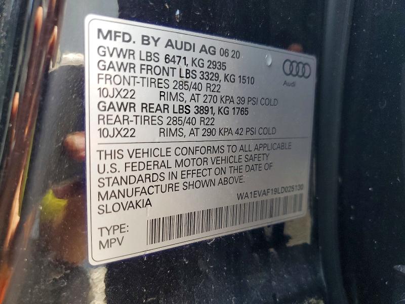 2020 Audi Q8 მანქანა იყიდება აუქციონზე, vin: WA1EVAF19LD025130, აუქციონის ნომერი: 60588146