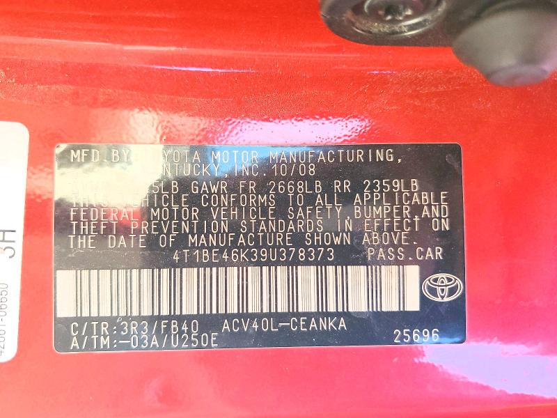 2009 Toyota Camry მანქანა იყიდება აუქციონზე, vin: 4T1BE46K39U378373, აუქციონის ნომერი: 63237046