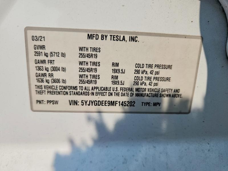 61936016 :رقم المزاد ، 5YJYGDEE9MF145202 vin ، 2021 Tesla Model Y مزاد بيع