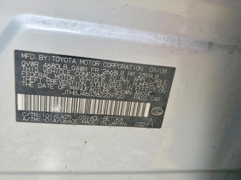 Aukcja sprzedaży 2008 Lexus Es, vin: JTHBJ46G382209720, numer aukcji: 61977406