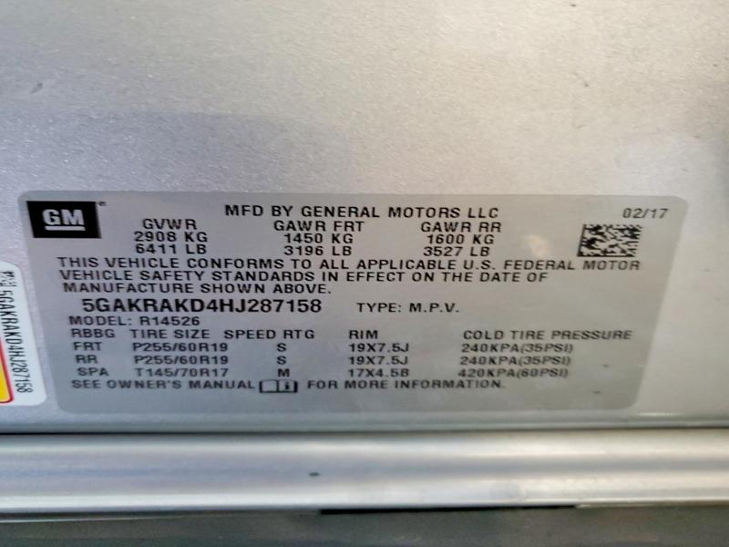 2017 Buick Enclave მანქანა იყიდება აუქციონზე, vin: 5GAKRAKD4HJ287158, აუქციონის ნომერი: 62201886