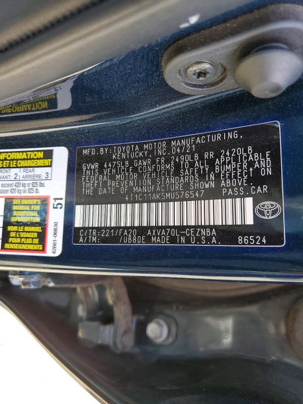 Продажа на аукционе авто 2021 Toyota Camry, vin: 4T1C11AK5MU576547, номер лота: 62695286