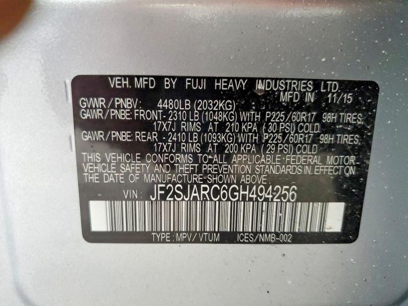 Aukcja sprzedaży 2016 Subaru Forester, vin: JF2SJARC6GH494256, numer aukcji: 62434966