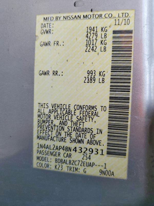 Продаж на аукціоні авто 2011 Nissan Altima, vin: 1N4AL2AP4BN432931, номер лоту: 60963126