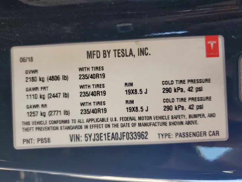 Продажа на аукционе авто 2018 Tesla Model 3, vin: 5YJ3E1EA0JF033962, номер лота: 62145036