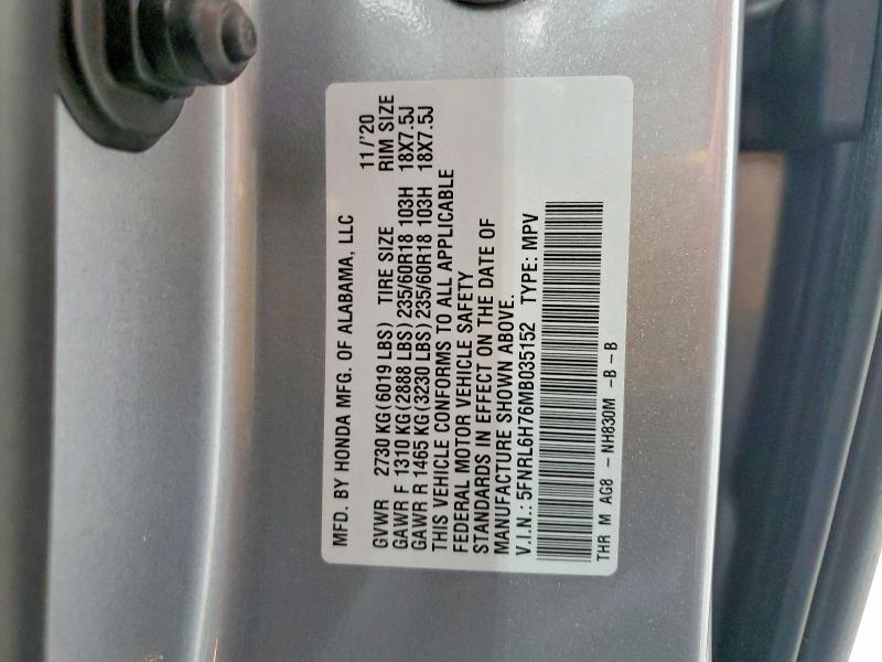 59622616 :رقم المزاد ، 5FNRL6H76MB035152 vin ، 2021 Honda Odyssey مزاد بيع