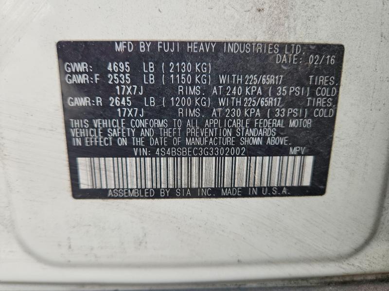 2016 Subaru Outback მანქანა იყიდება აუქციონზე, vin: 4S4BSBEC3G3302002, აუქციონის ნომერი: 62034146
