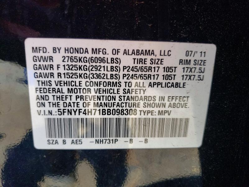 Aukcja sprzedaży 2011 Honda Pilot, vin: 5FNYF4H71BB098308, numer aukcji: 60401776